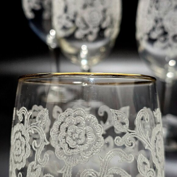 3 Libbey Rose Etching Water Glasses 7" floral scrolls gold trim 1970s romantic e - Picture 6 of 8